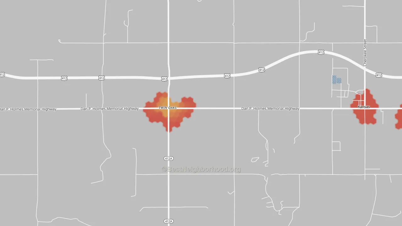 Walk Grade map of 74368, OK, walkable areas in green and car-dependent areas in red