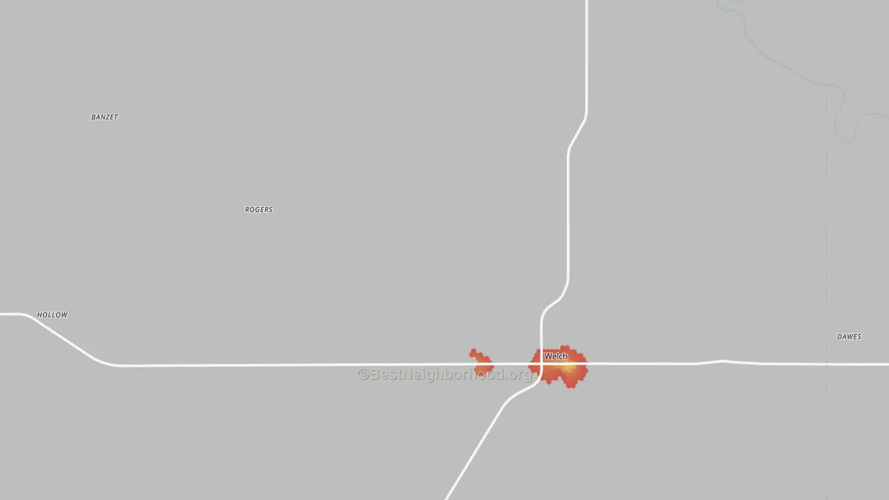 Walk Grade map of 74369, OK, walkable areas in green and car-dependent areas in red
