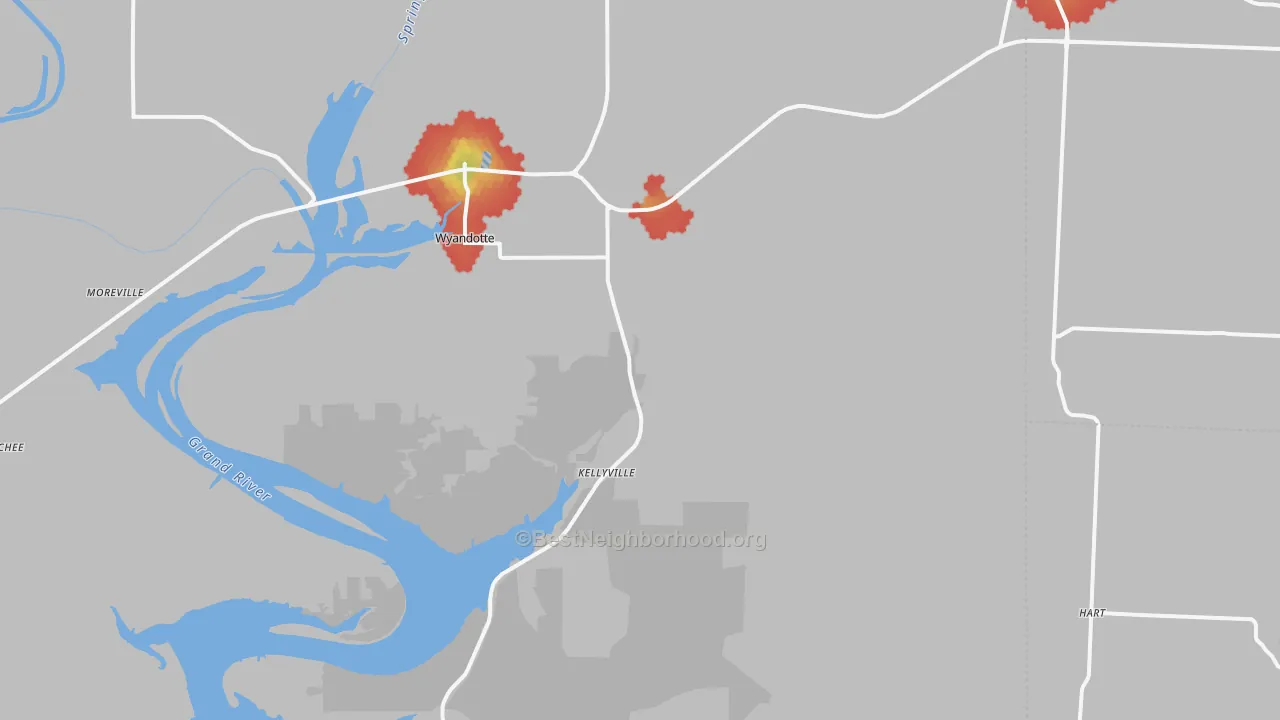 Walk Grade map of 74370, OK, walkable areas in green and car-dependent areas in red