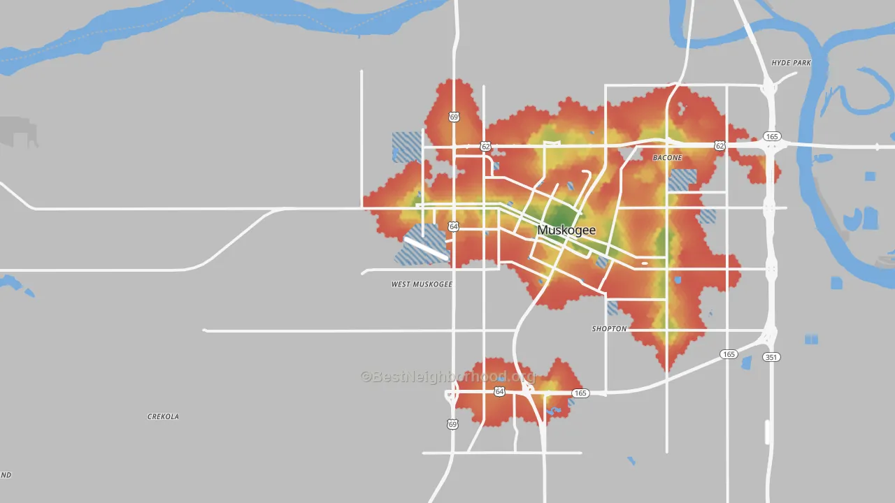 Walk Grade map of 74401, OK, walkable areas in green and car-dependent areas in red