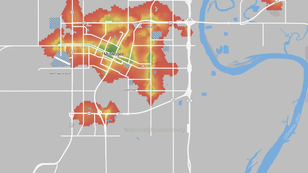 Walk Grade map of 74403, OK, walkable areas in green and car-dependent areas in red