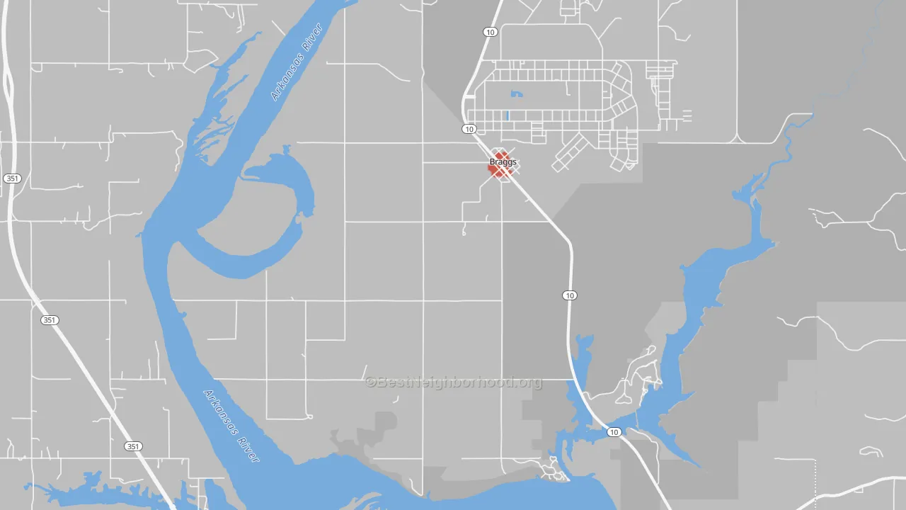 Walk Grade map of 74423, OK, walkable areas in green and car-dependent areas in red
