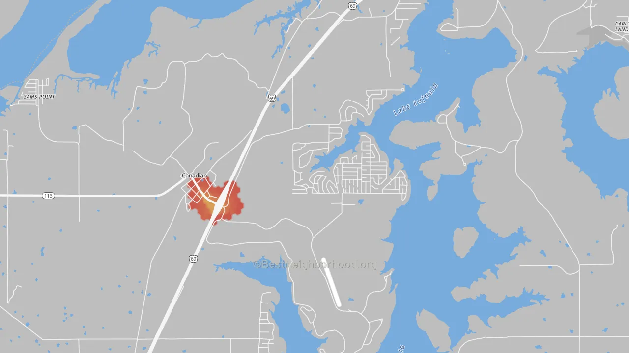 Walk Grade map of 74425, OK, walkable areas in green and car-dependent areas in red