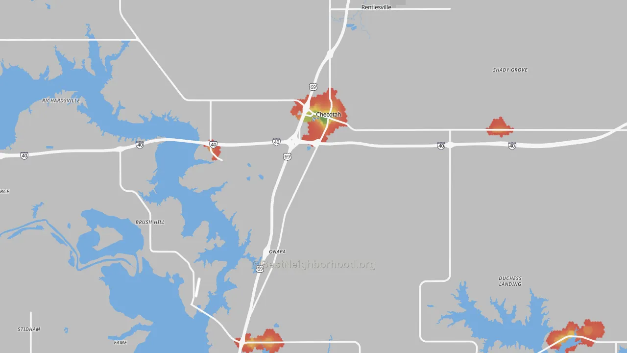 Walk Grade map of 74426, OK, walkable areas in green and car-dependent areas in red