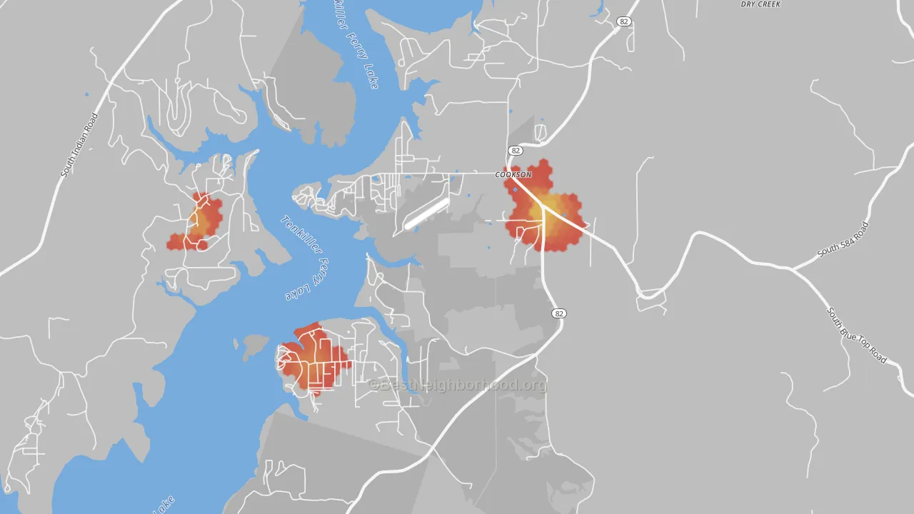 Walk Grade map of 74427, OK, walkable areas in green and car-dependent areas in red
