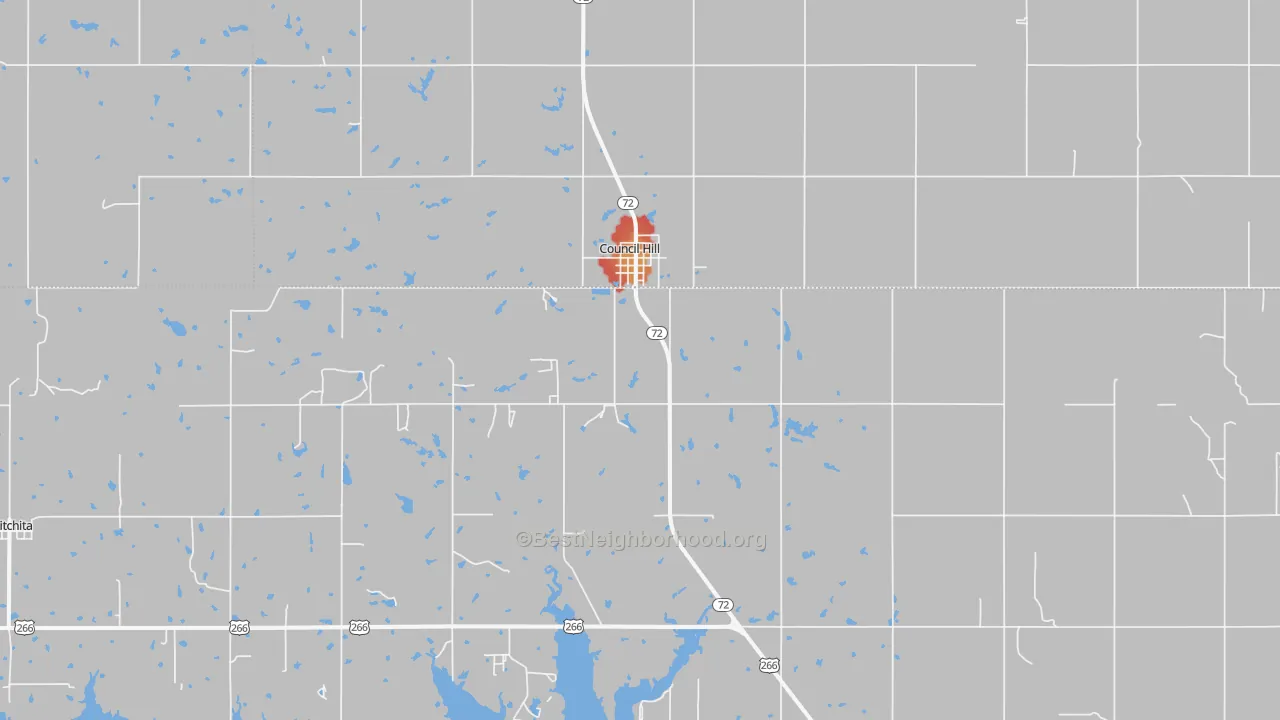Walk Grade map of 74428, OK, walkable areas in green and car-dependent areas in red