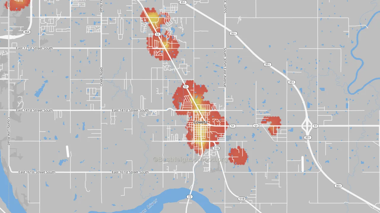 Walk Grade map of 74429, OK, walkable areas in green and car-dependent areas in red