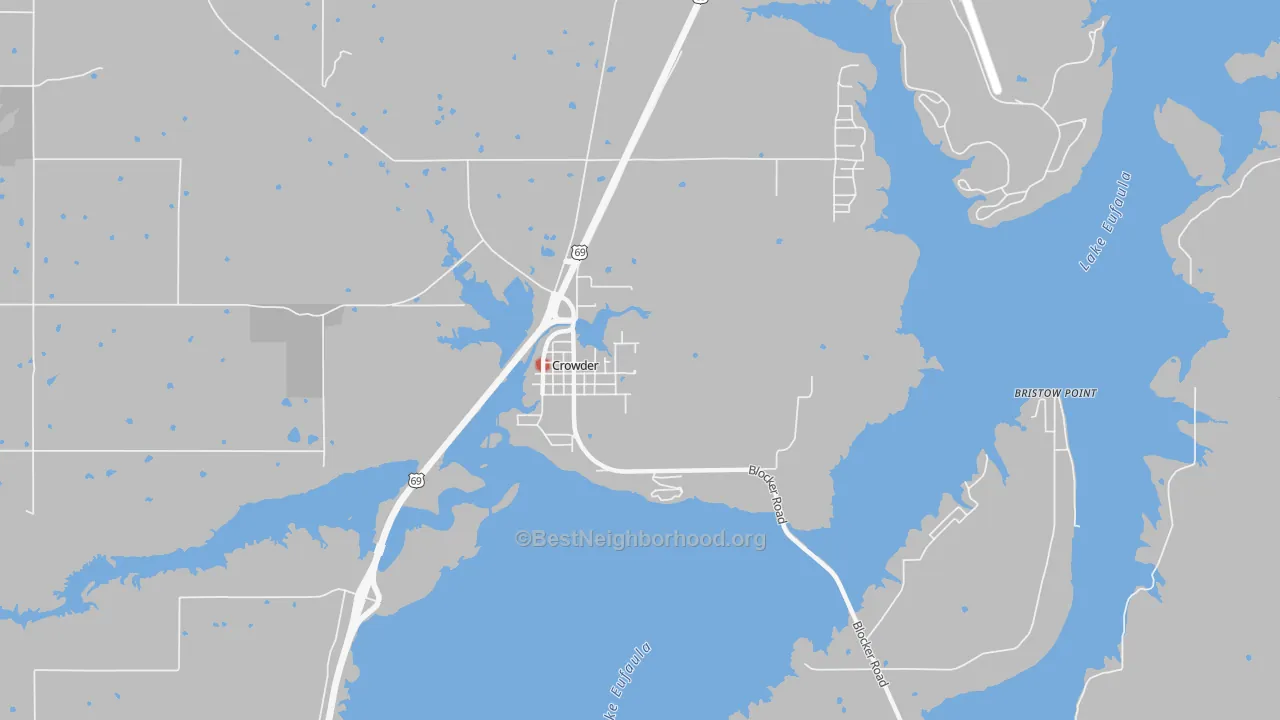Walk Grade map of 74430, OK, walkable areas in green and car-dependent areas in red