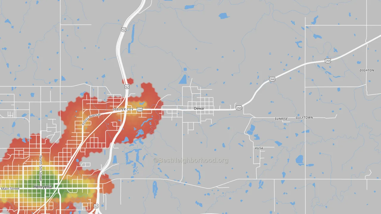 Walk Grade map of 74431, OK, walkable areas in green and car-dependent areas in red
