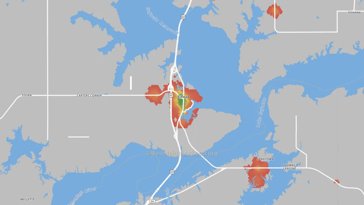 Walk Grade map of 74432, OK, walkable areas in green and car-dependent areas in red