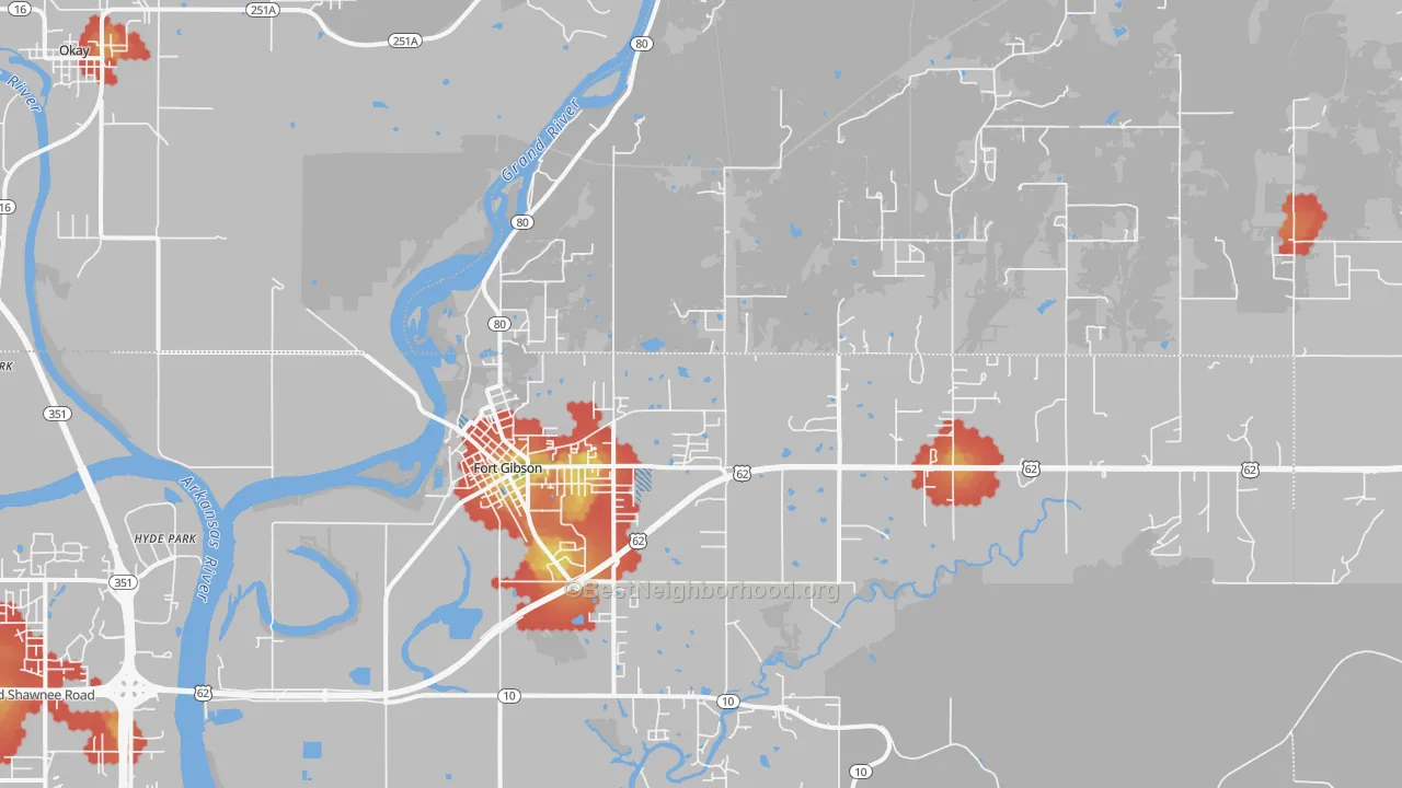 Walk Grade map of 74434, OK, walkable areas in green and car-dependent areas in red