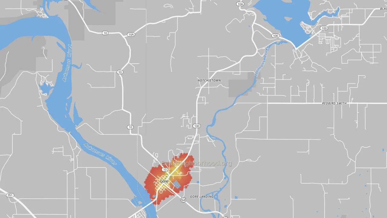 Walk Grade map of 74435, OK, walkable areas in green and car-dependent areas in red