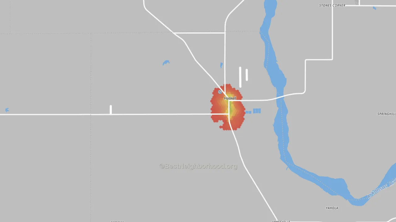 Walk Grade map of 74436, OK, walkable areas in green and car-dependent areas in red
