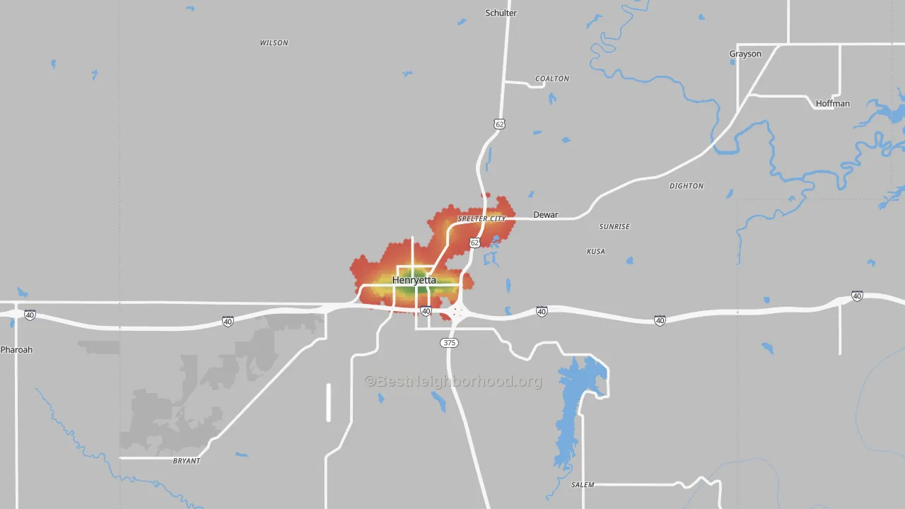 Walk Grade map of 74437, OK, walkable areas in green and car-dependent areas in red