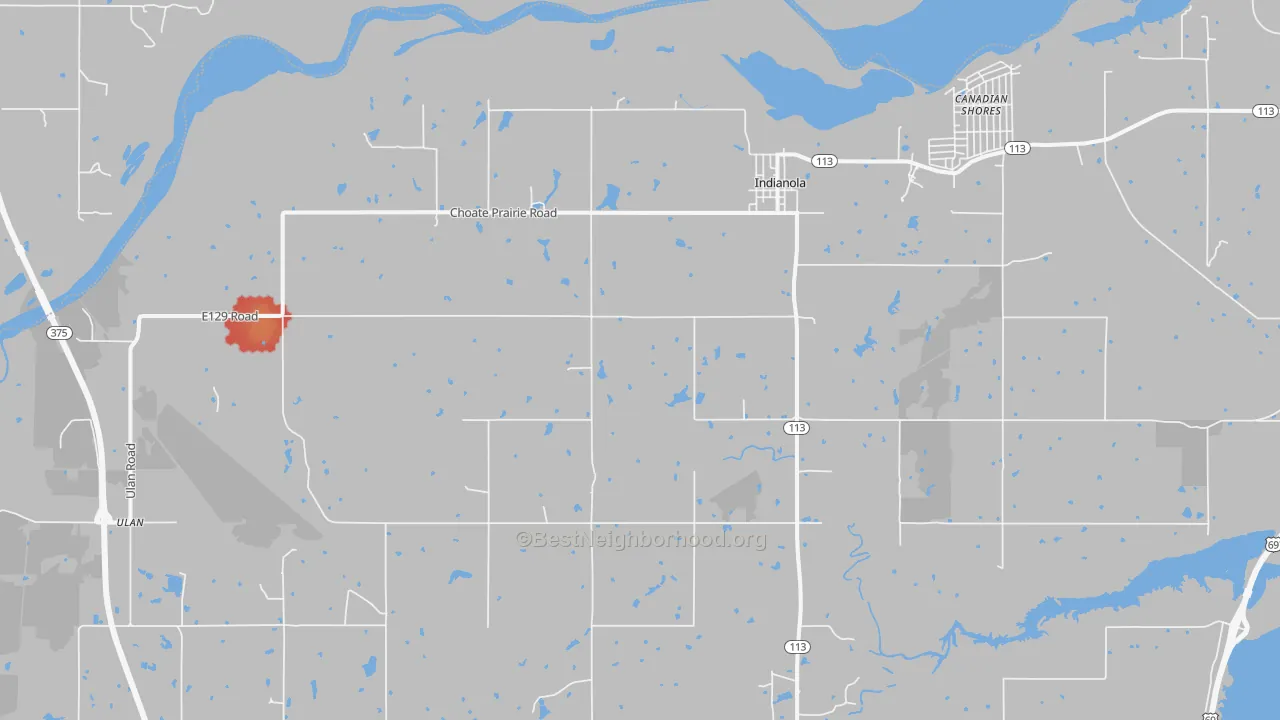 Walk Grade map of 74442, OK, walkable areas in green and car-dependent areas in red