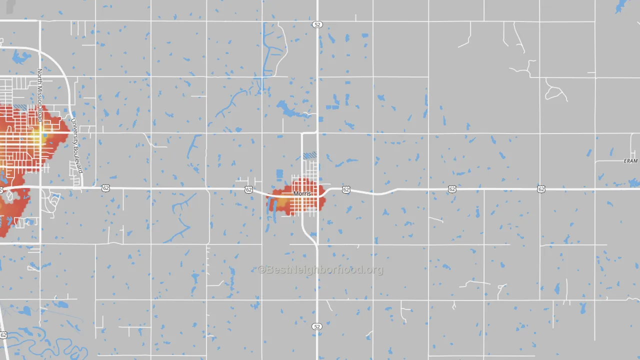 Walk Grade map of 74445, OK, walkable areas in green and car-dependent areas in red