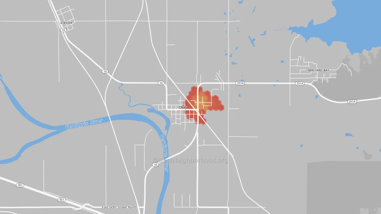 Walk Grade map of 74446, OK, walkable areas in green and car-dependent areas in red