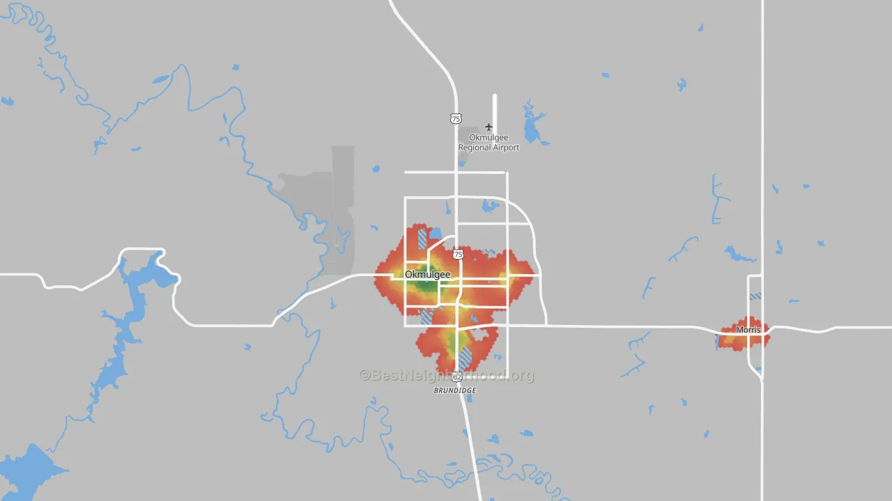 Walk Grade map of 74447, OK, walkable areas in green and car-dependent areas in red