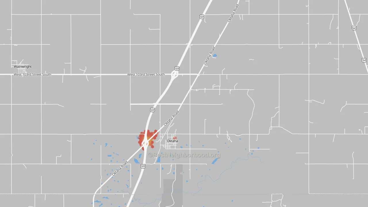 Walk Grade map of 74450, OK, walkable areas in green and car-dependent areas in red