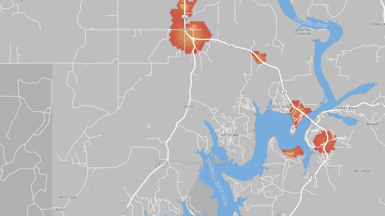 Walk Grade map of 74451, OK, walkable areas in green and car-dependent areas in red