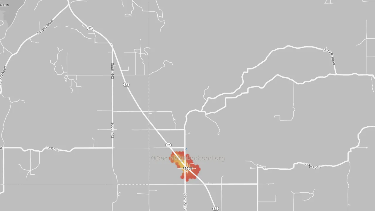 Walk Grade map of 74452, OK, walkable areas in green and car-dependent areas in red