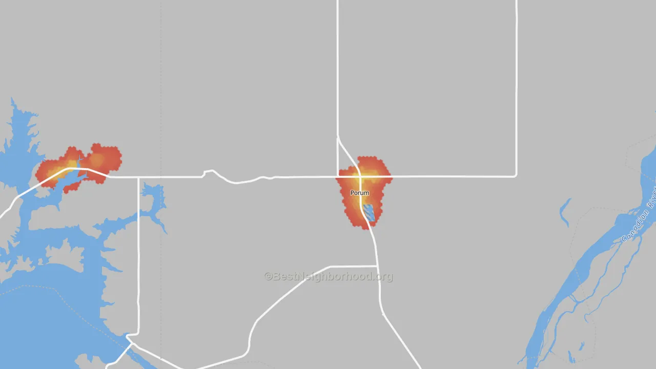 Walk Grade map of 74455, OK, walkable areas in green and car-dependent areas in red