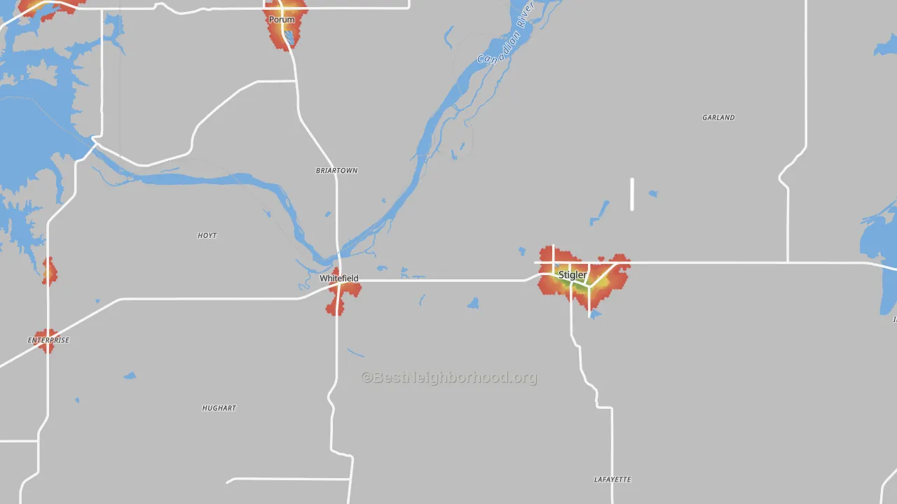 Walk Grade map of 74462, OK, walkable areas in green and car-dependent areas in red