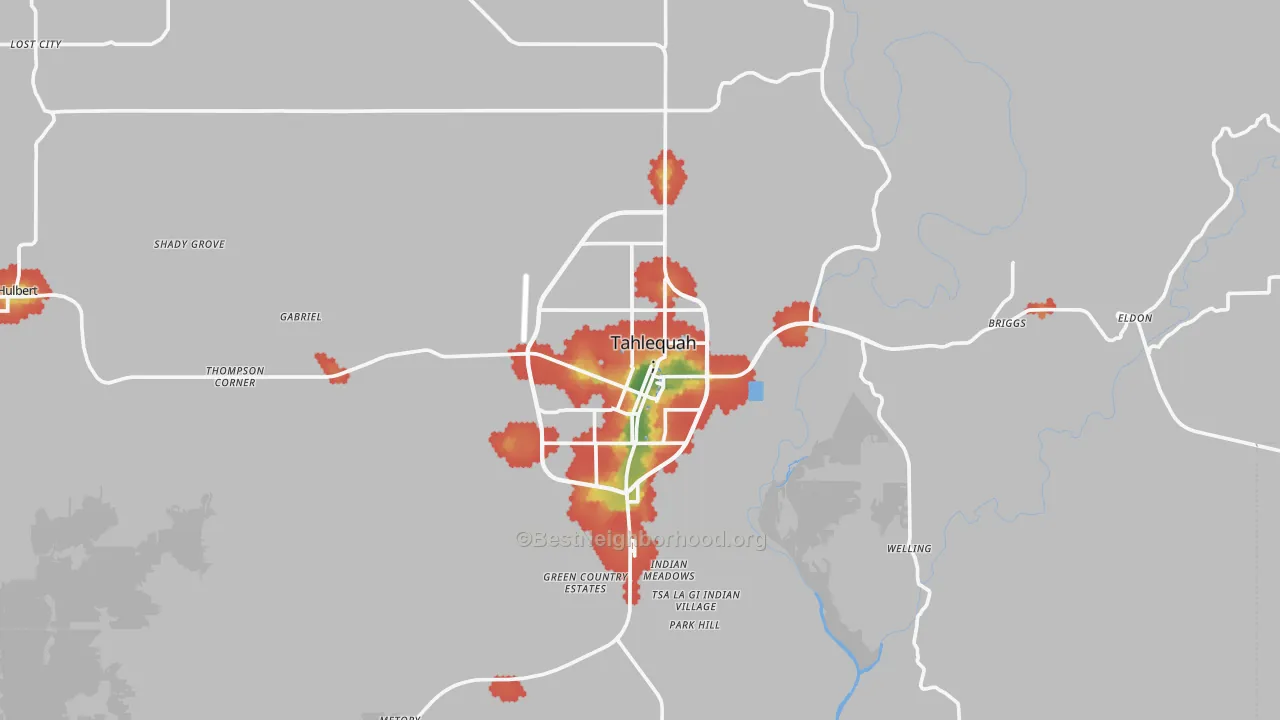Walk Grade map of 74464, OK, walkable areas in green and car-dependent areas in red