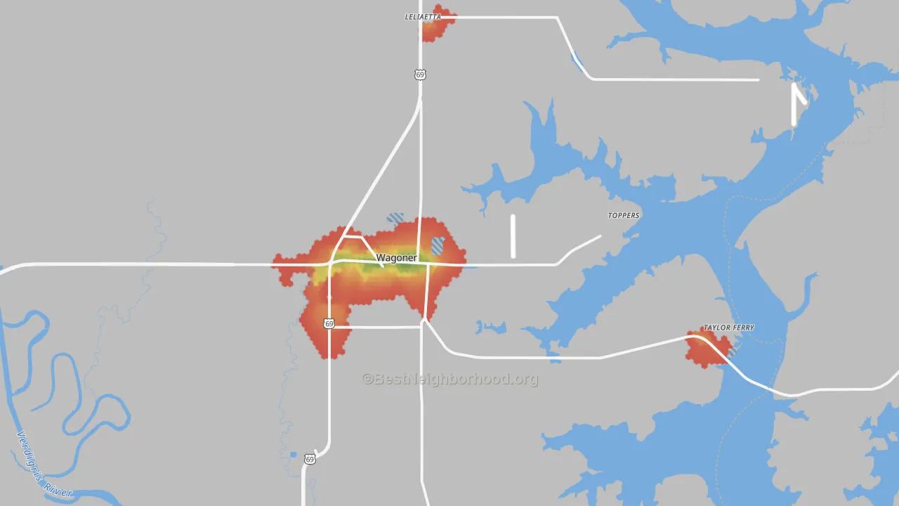 Walk Grade map of 74467, OK, walkable areas in green and car-dependent areas in red