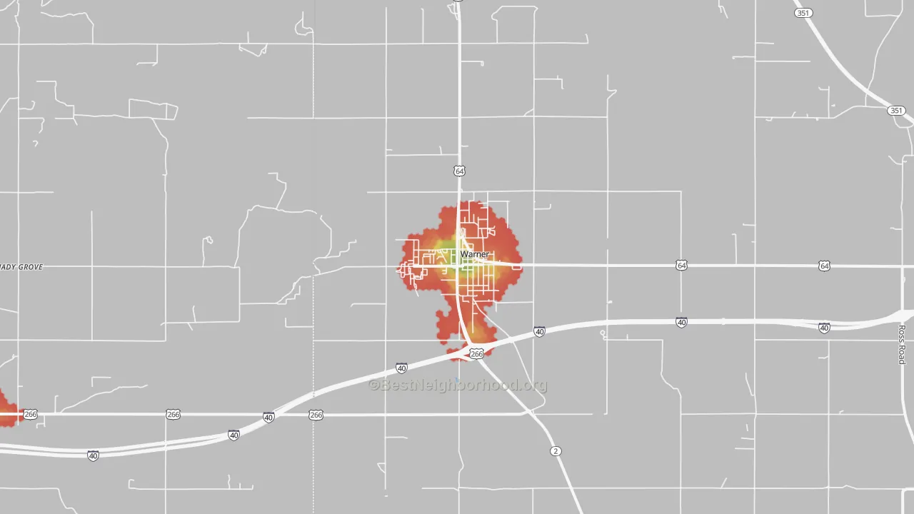 Walk Grade map of 74469, OK, walkable areas in green and car-dependent areas in red
