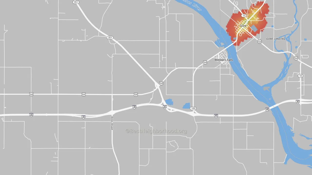 Walk Grade map of 74470, OK, walkable areas in green and car-dependent areas in red
