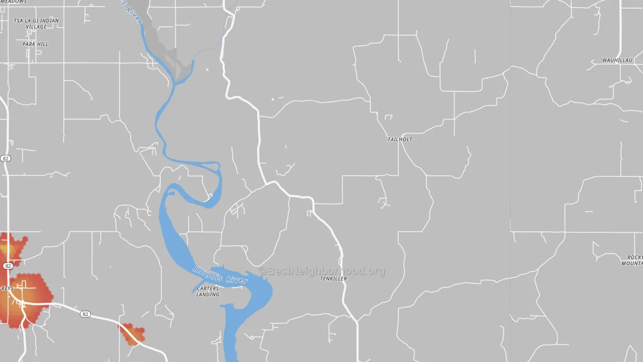 Walk Grade map of 74471, OK, walkable areas in green and car-dependent areas in red