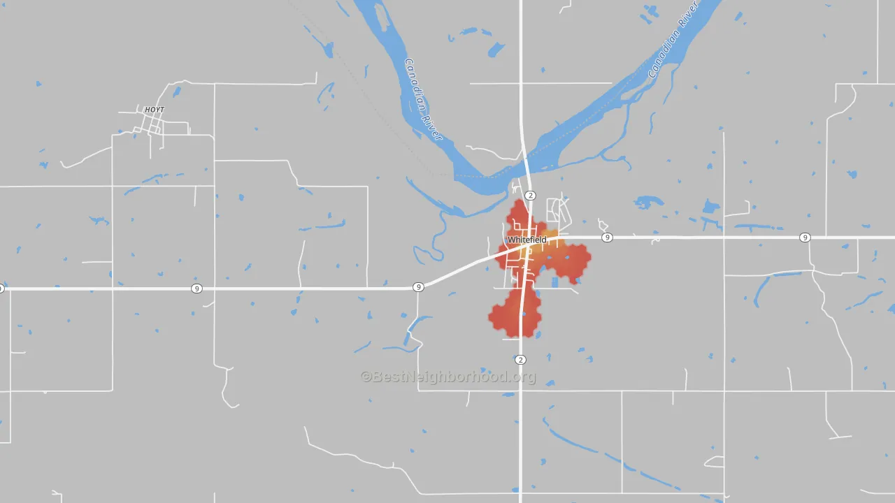 Walk Grade map of 74472, OK, walkable areas in green and car-dependent areas in red