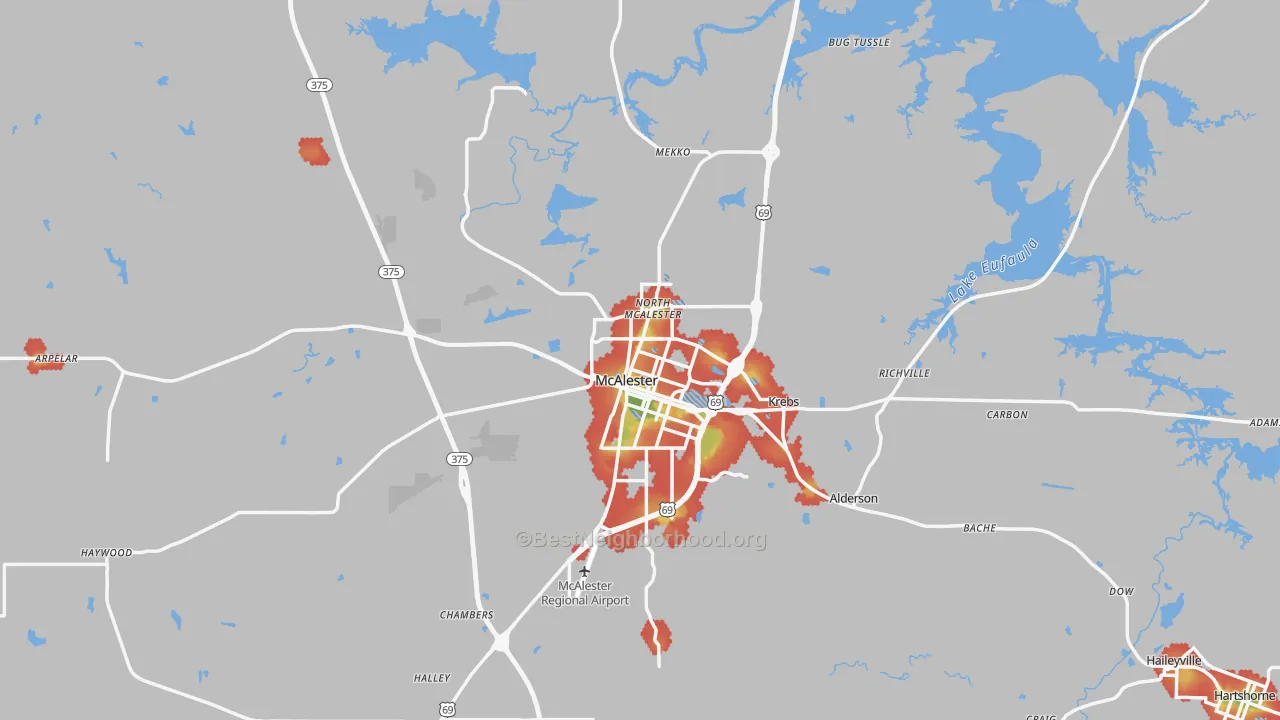 Walk Grade map of 74501, OK, walkable areas in green and car-dependent areas in red