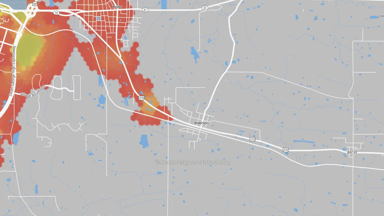 Walk Grade map of 74522, OK, walkable areas in green and car-dependent areas in red