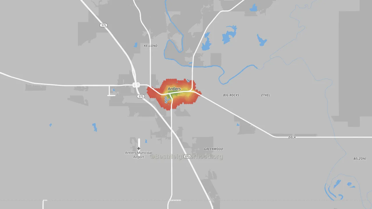 Walk Grade map of 74523, OK, walkable areas in green and car-dependent areas in red