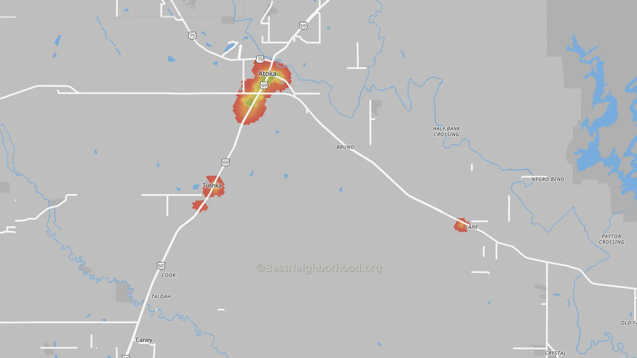 Walk Grade map of 74525, OK, walkable areas in green and car-dependent areas in red