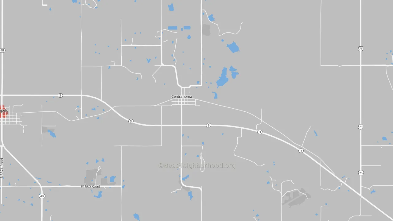 Walk Grade map of 74534, OK, walkable areas in green and car-dependent areas in red