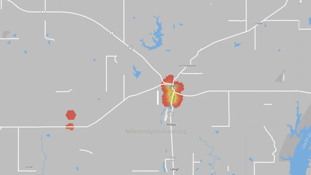 Walk Grade map of 74538, OK, walkable areas in green and car-dependent areas in red