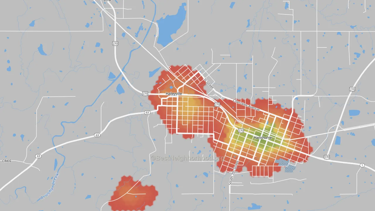 Walk Grade map of 74546, OK, walkable areas in green and car-dependent areas in red