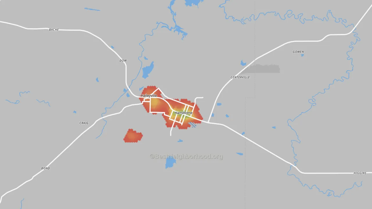 Walk Grade map of 74547, OK, walkable areas in green and car-dependent areas in red