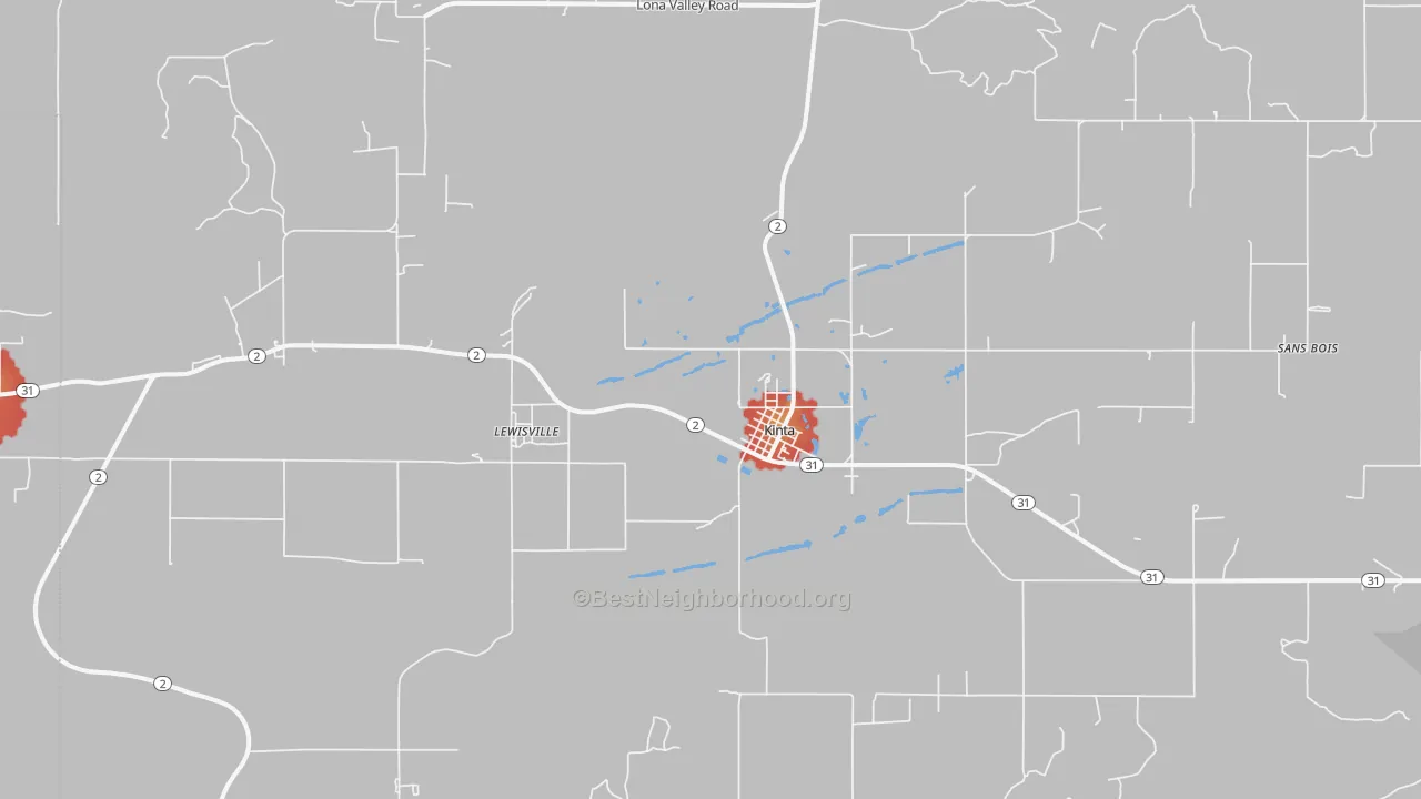 Walk Grade map of 74552, OK, walkable areas in green and car-dependent areas in red