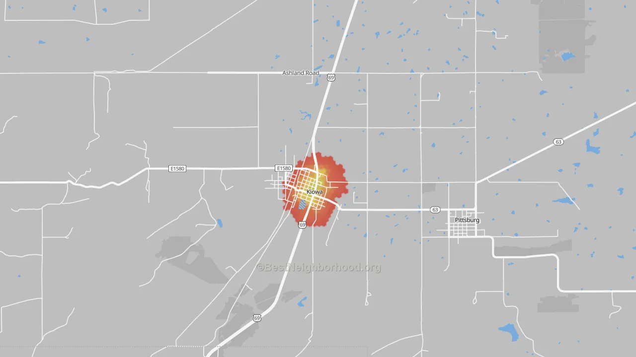 Walk Grade map of 74553, OK, walkable areas in green and car-dependent areas in red