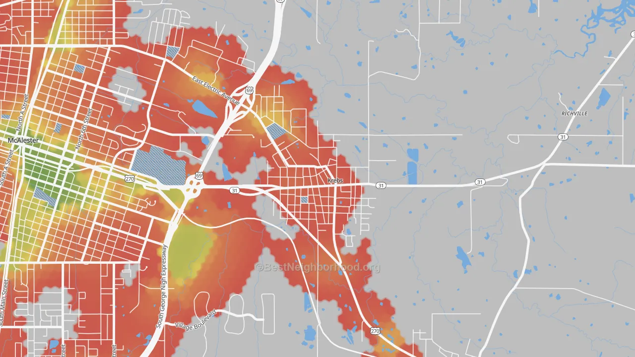 Walk Grade map of 74554, OK, walkable areas in green and car-dependent areas in red