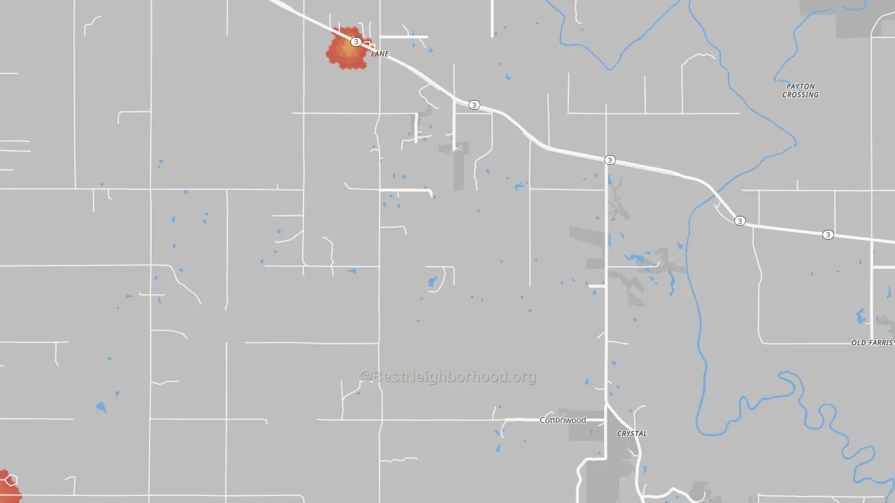 Walk Grade map of 74555, OK, walkable areas in green and car-dependent areas in red