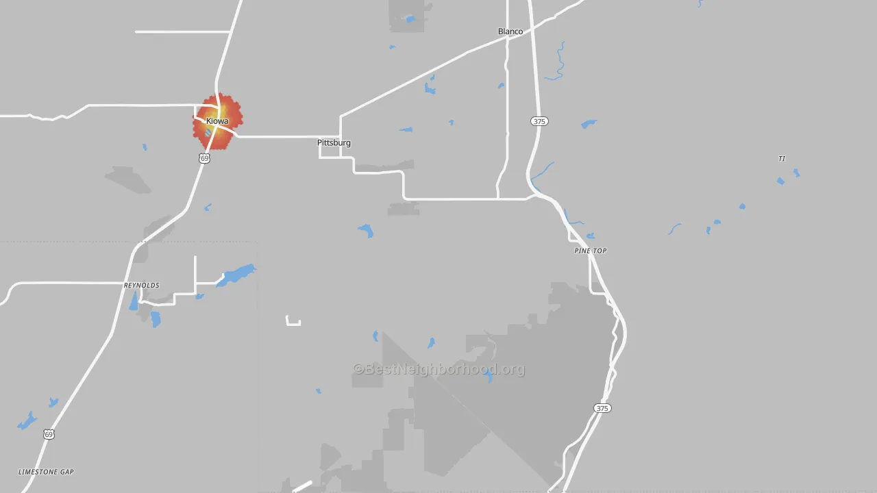 Walk Grade map of 74560, OK, walkable areas in green and car-dependent areas in red