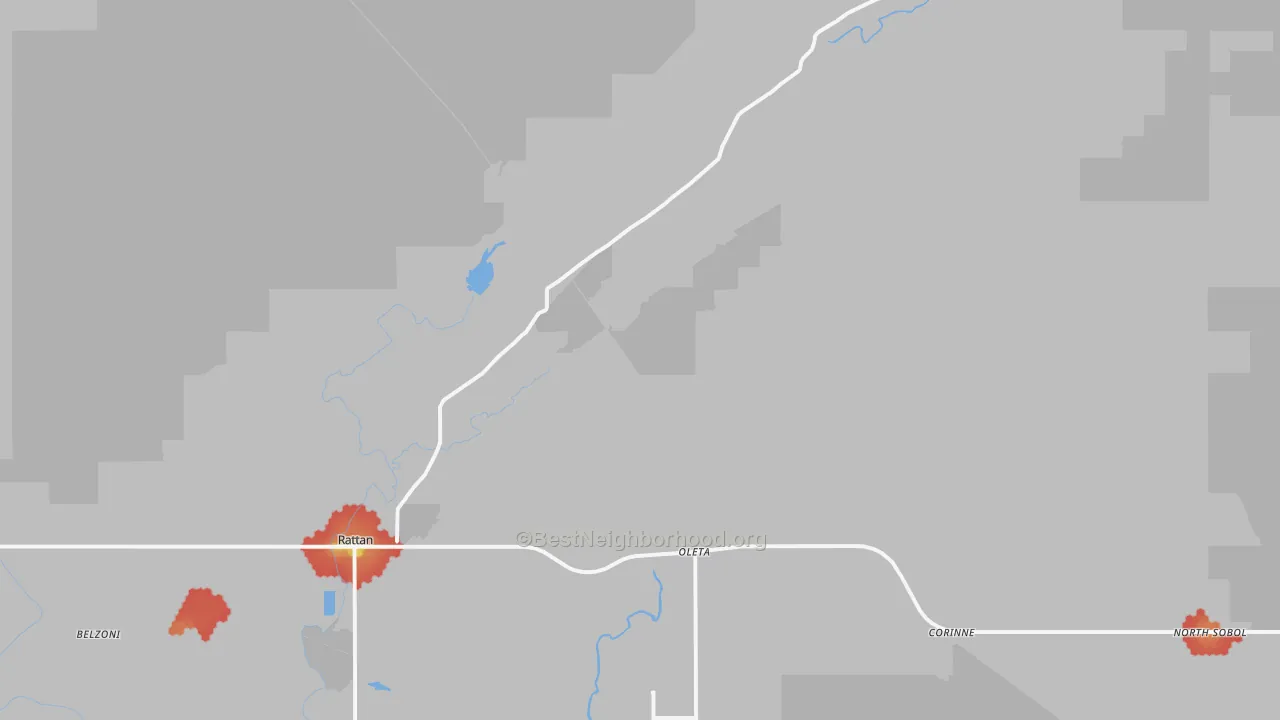 Walk Grade map of 74562, OK, walkable areas in green and car-dependent areas in red
