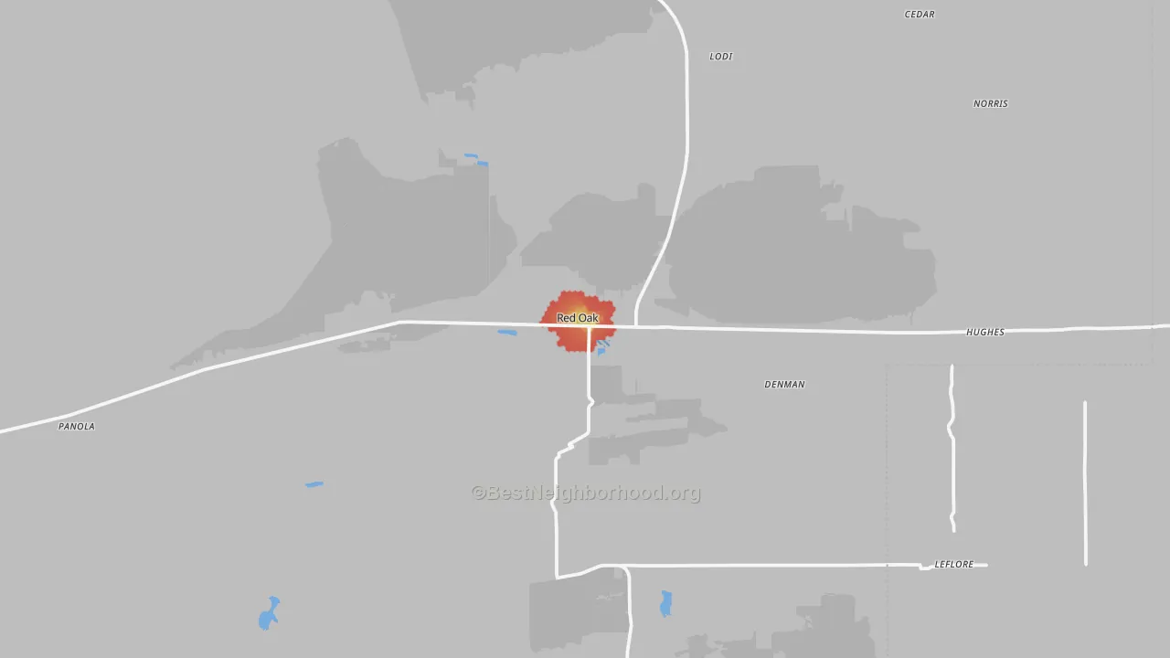 Walk Grade map of 74563, OK, walkable areas in green and car-dependent areas in red