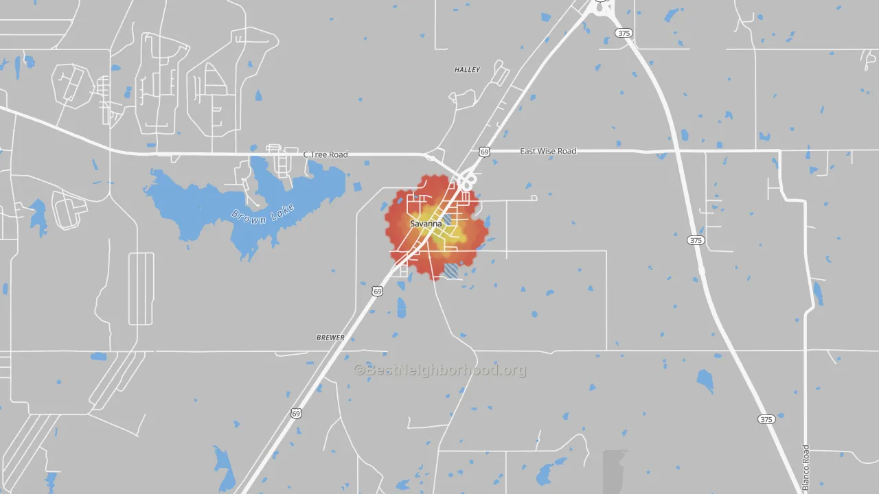 Walk Grade map of 74565, OK, walkable areas in green and car-dependent areas in red