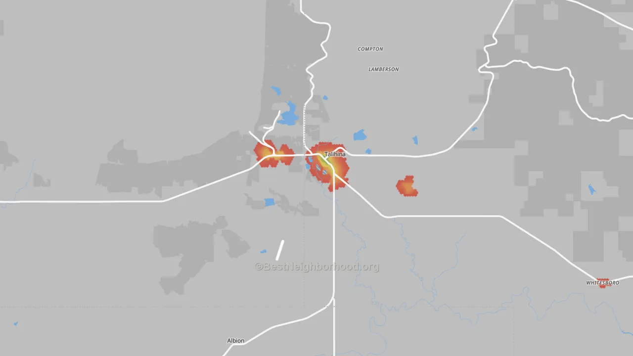 Walk Grade map of 74571, OK, walkable areas in green and car-dependent areas in red